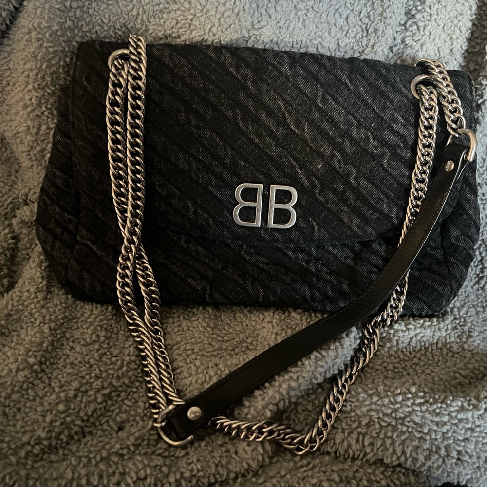 Balenciaga BB Chain Round Shoulder Bag Quilted Embroidered Denim Medium Black